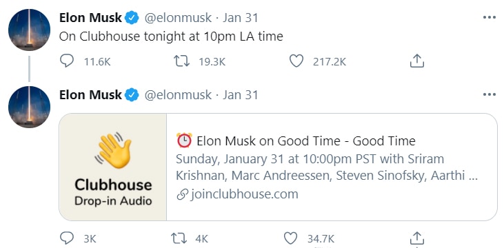 Elon Musk tweet about clubhouse